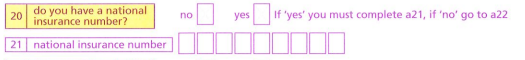  Image of boxes 20& 21 in the DBS form - if you answer yes to question a20, you must provide your national insurance number in a21.